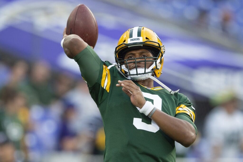 Aug 15, 2019; Baltimore, MD, USA; Green Bay Packers quarterback DeShone Kizer (9) throws before the game against the Baltimore Ravens at M&T Bank Stadium.