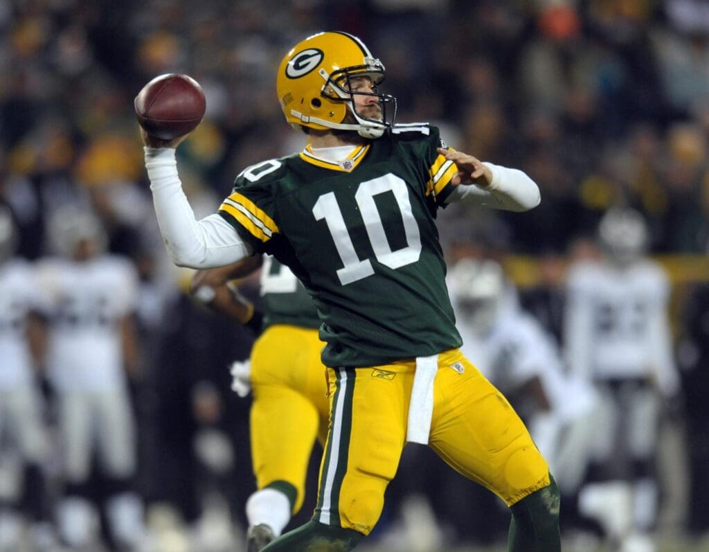 Dec 11, 2011; Green Bay, WI, USA; Green Bay Packers quarterback Matt Flynn (10) throws a pass against the Oakland Raiders at Lambeau Field. The Packers defeated the Raiders 46-16.
