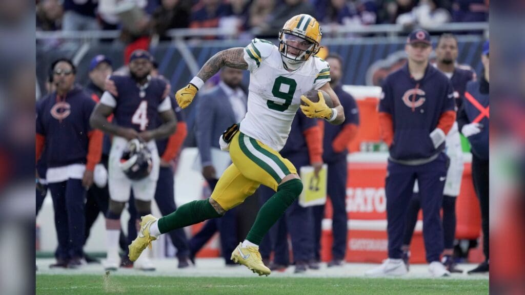 Green Bay Packers wide receiver Christian Watson (9) makes a 60-yard reception during the fourth quarter of their game Sunday, November 17, 2024 at Solider Field in Chicago, Illinois. The Green Bay Packers beat the Chicago Bears 20-19.
