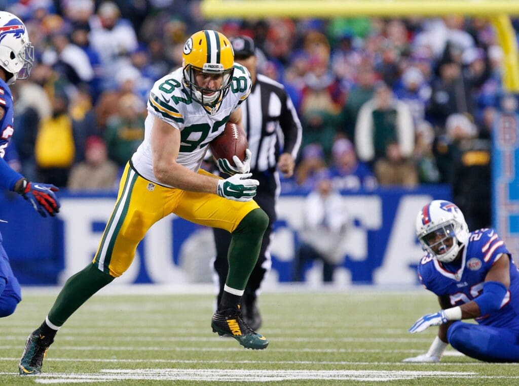 Dec 14, 2014; Orchard Park, NY, USA; Green Bay Packers wide receiver Jordy Nelson (87) runs after a catch against the Buffalo Bills during the second half at Ralph Wilson Stadium. The Bills beat the Packers 21-13.