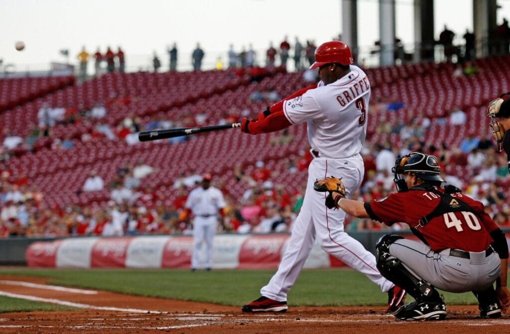 Apr 23, 2008; Cincinnati, OH, USA; Cincinnati Reds right fielder Ken Griffey Jr (3) hits his 597th career home run in the first inning against the Houston Astros pitcher Chris Sampson (not pictured) at Great American Ballpark in Cincinnati, OH.
