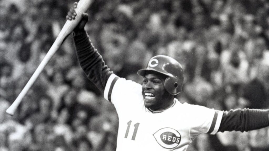 Oct 11 1972; Cincinnati, OH USA; FILE PHOTO; Cincinnati Reds designated hitter Hal McRae leaps in celebration during the 1972 NL Championship game against the Pittsburgh Pirates at Riverfront Stadium. The Reds scores two runs in the bottom of the ninth to win 4-3.