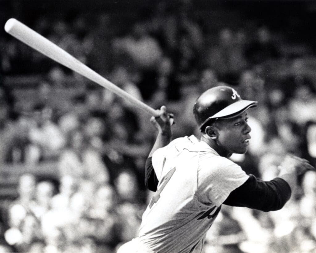 Apr 1969; Unknown Location, USA; FILE PHOTO; Atlanta Braves infielder Hank Aaron (44) at bat during the 1969 season.