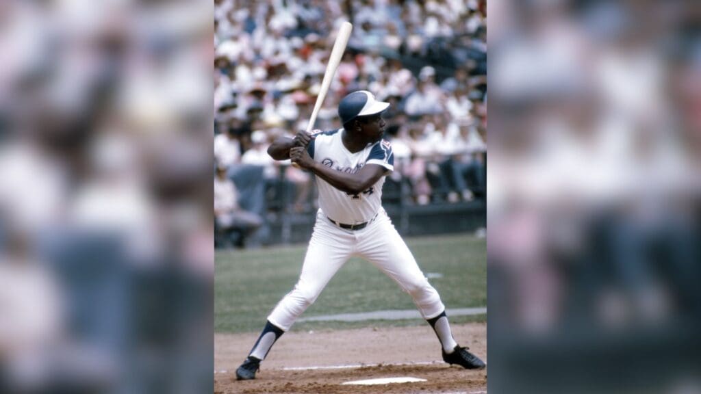 Sep 1973; Atlanta, GA, USA; FILE PHOTO; Atlanta Braves outfielder Hank Aaron (44) at bat during the 1973 season at Fulton County Stadium.
