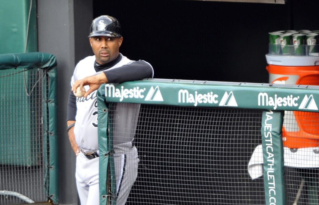 May 8, 2012; Cleveland, OH, USA; Chicago White Sox first base coach Harold Baines (3) watches the game against the Cleveland Indians in the first inning at Progressive Field.