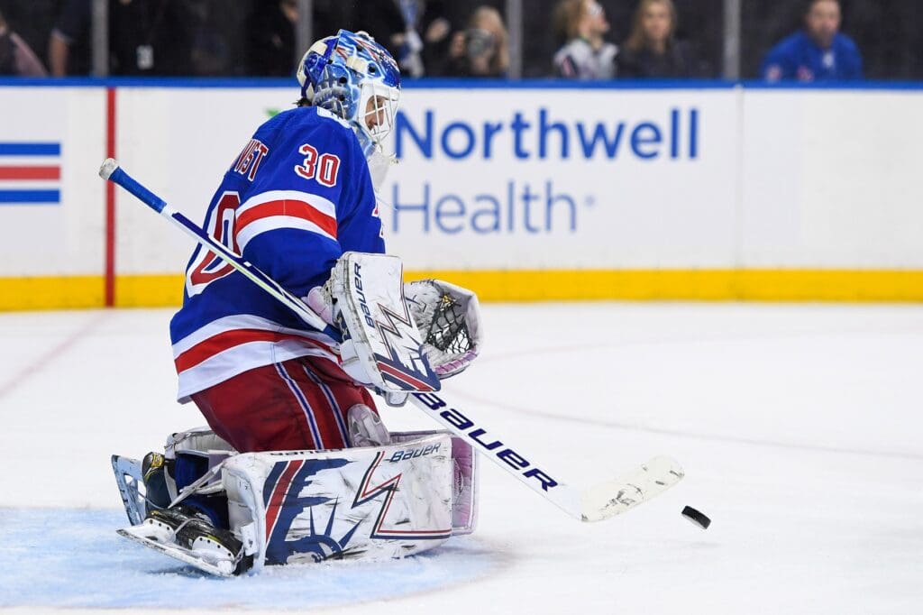 Dec 2, 2018; New York, NY, USA; New York Rangers goaltender Henrik Lundqvist (30) makes a save against the Winnipeg Jets during the third period at Madison Square Garden.