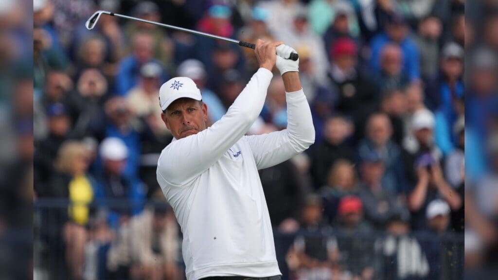 July 20, 2023; Hoylake, ENGLAND, GBR; Henrik Stenson (LIV player) plays his shot from the fourth tee during the first round of The Open Championship golf tournament at Royal Liverpool.
