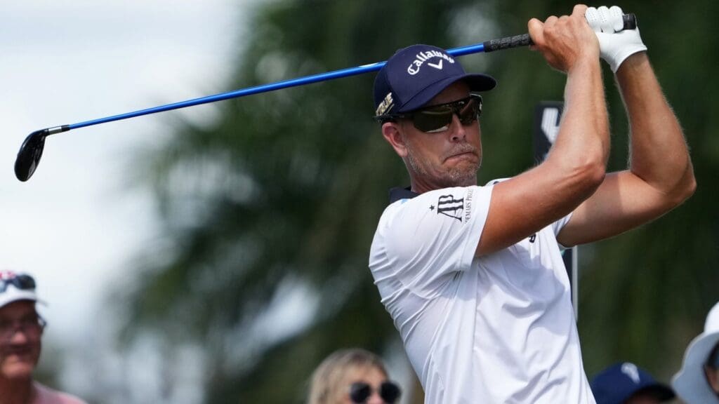 Oct 29, 2022; Miami, Florida, USA; Henrik Stenson tees off on the 17th hole during the second round of the season finale of the LIV Golf series at Trump National Doral. 