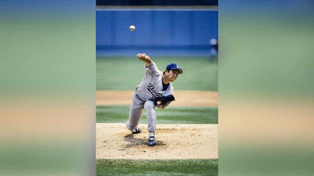 1996, Atlanta, GA, USA; FILE PHOTO; Los Angeles Dodgers pitcher Hideo Nomo in action on the mound against the Atlanta Braves at Fulton County Stadium during the 1996 season.