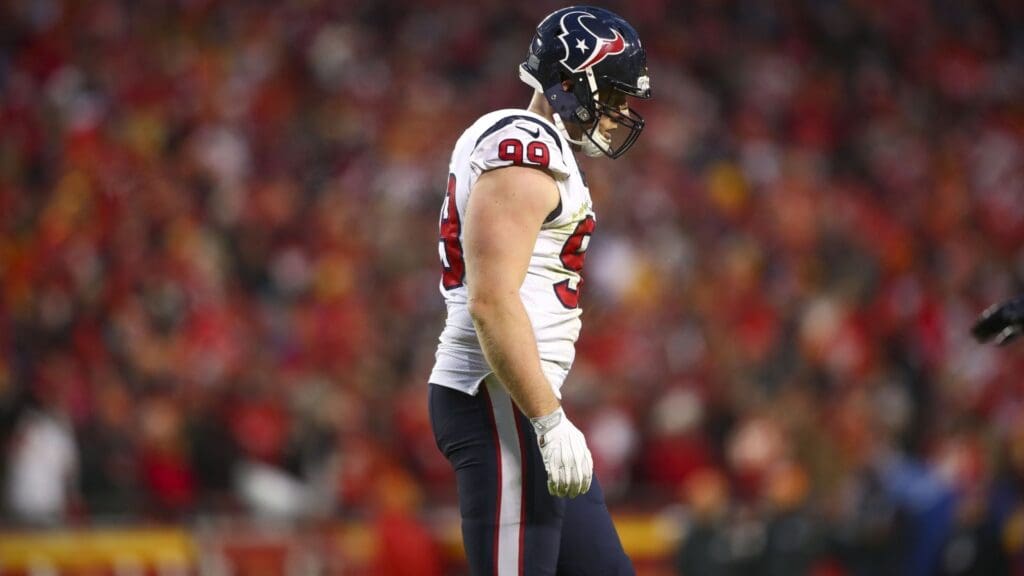 Jan 12, 2020; Kansas City, MO, USA; Houston Texans defensive end J.J. Watt (99) walks off the field during the fourth quarter against the Kansas City Chiefs in a AFC Divisional Round playoff football game at Arrowhead Stadium.