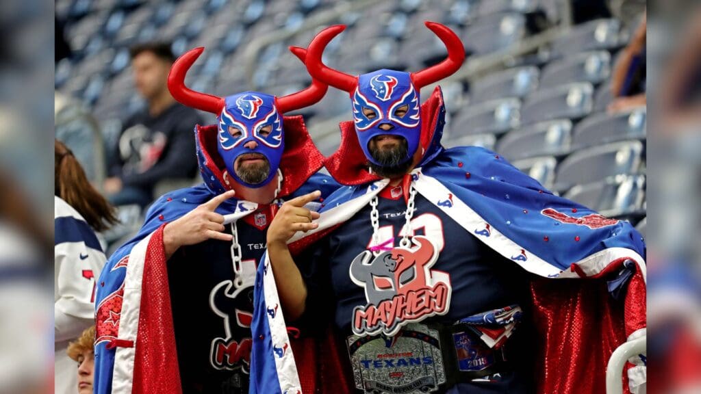 Jan 4, 2020; Houston, Texas, USA; Houston Texans fans cheer before the AFC Wild Card NFL Playoff game between the Houston Texans and the Buffalo Bills at NRG Stadium.
