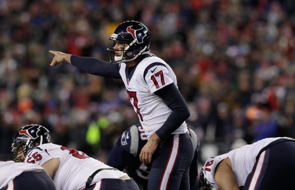 Jan 14, 2017; Foxborough, MA, USA; Houston Texans quarterback Brock Osweiler (17) on the field against the New England Patriots in the second half at Gillette Stadium.