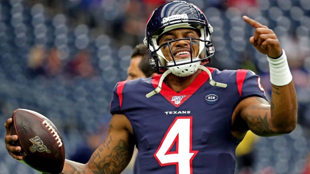 Jan 4, 2020; Houston, Texas, USA; Houston Texans quarterback Deshaun Watson (4) warms up before the AFC Wild Card NFL Playoff game against the Buffalo Bills at NRG Stadium. 