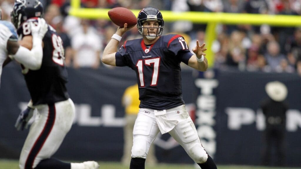 Jan 1, 2012; Houston, TX, USA; Houston Texans quarterback Jake Delhomme (17) throws a pass against the Tennessee Titans in the third quarter at Reliant Stadium. The Titans defeated the Texans 23-22.