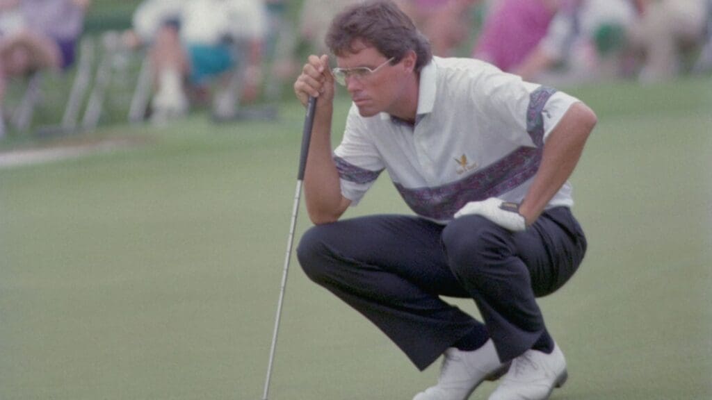 04/11/1992; Augusta, Georgia USA; Ian Baker Finch lines up his putt at Augusta National Country Club.