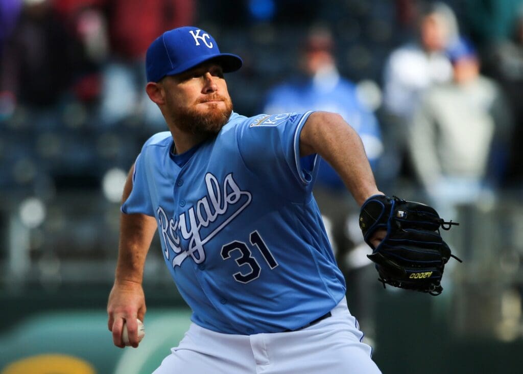 Mar 30, 2019; Kansas City, MO, USA; Kansas City Royals relief pitcher Ian Kennedy (31) pitches against the Chicago White Sox in the ninth inning at Kauffman Stadium.