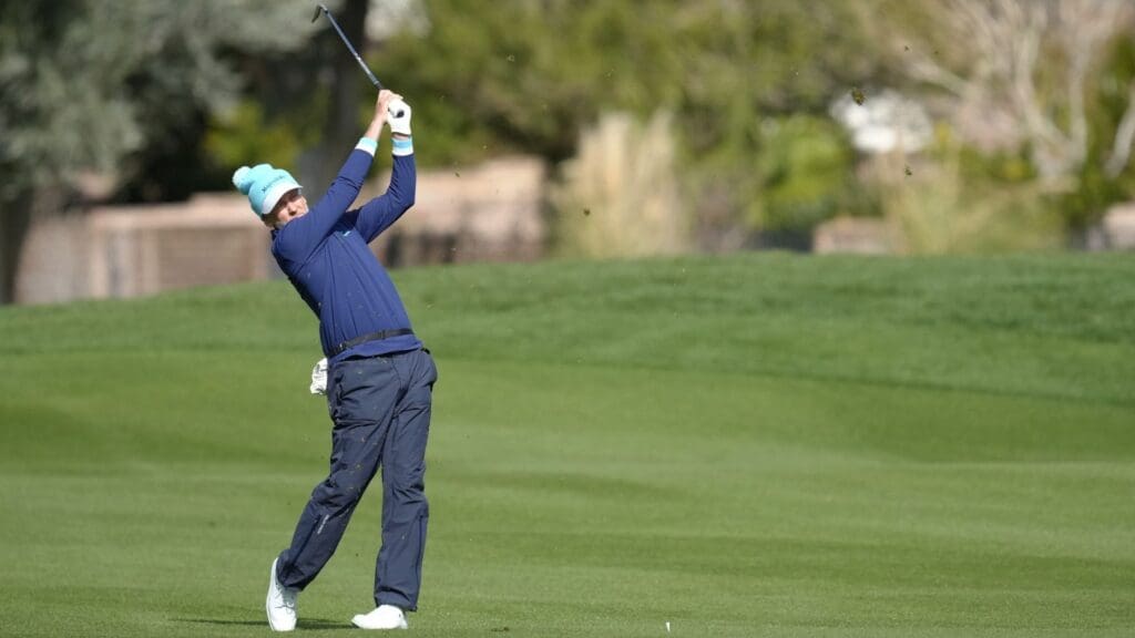 Feb 8, 2024; Las Vegas, Nevada, USA; Ian Poulter plays his shot from the 14th hole during the first round of the LIV Golf Las Vegas tournament at Las Vegas Country Club. 