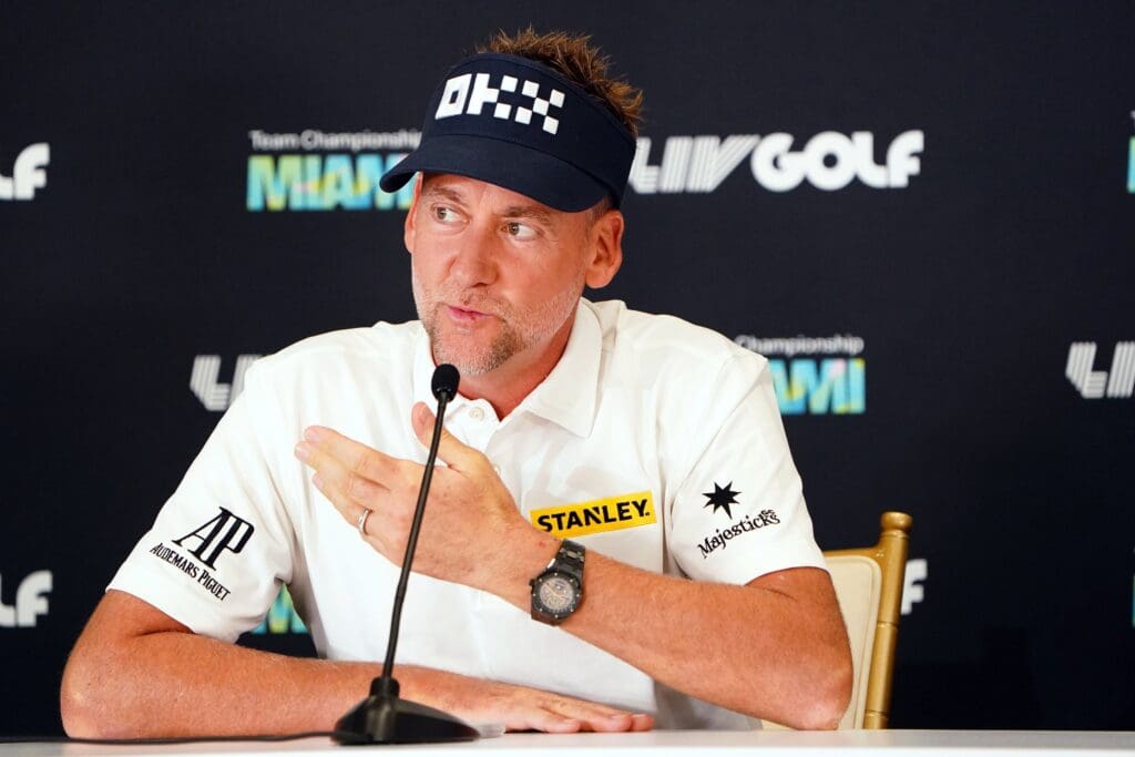 Oct 26, 2022; Miami, Florida, USA; Ian Poulter during a press conference before the LIV Golf series at Trump National Doral.