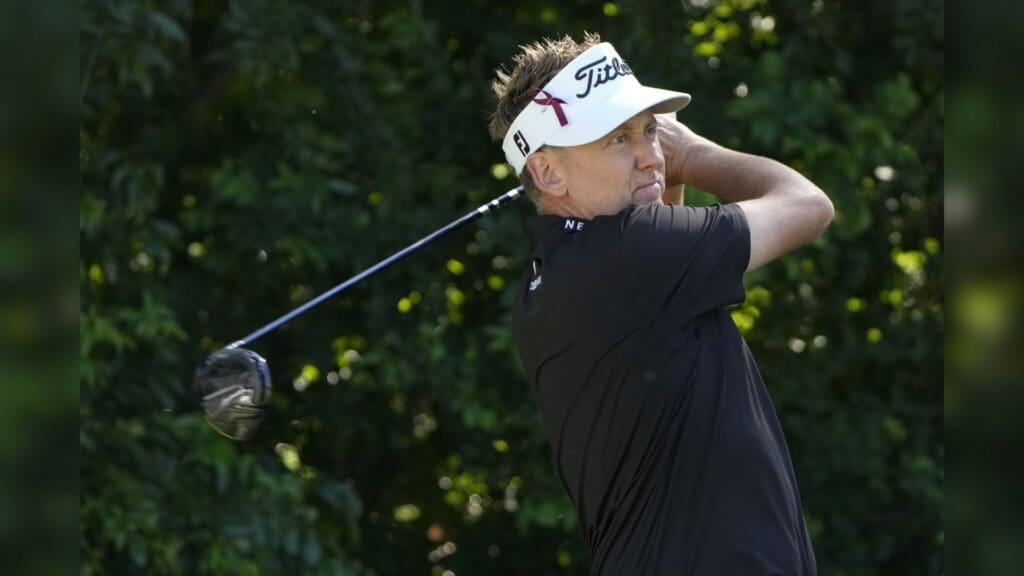 May 26, 2022; Fort Worth, Texas, USA; Ian Poulter plays his shot from the sixth tee during the first round of the Charles Schwab Challenge golf tournament.
