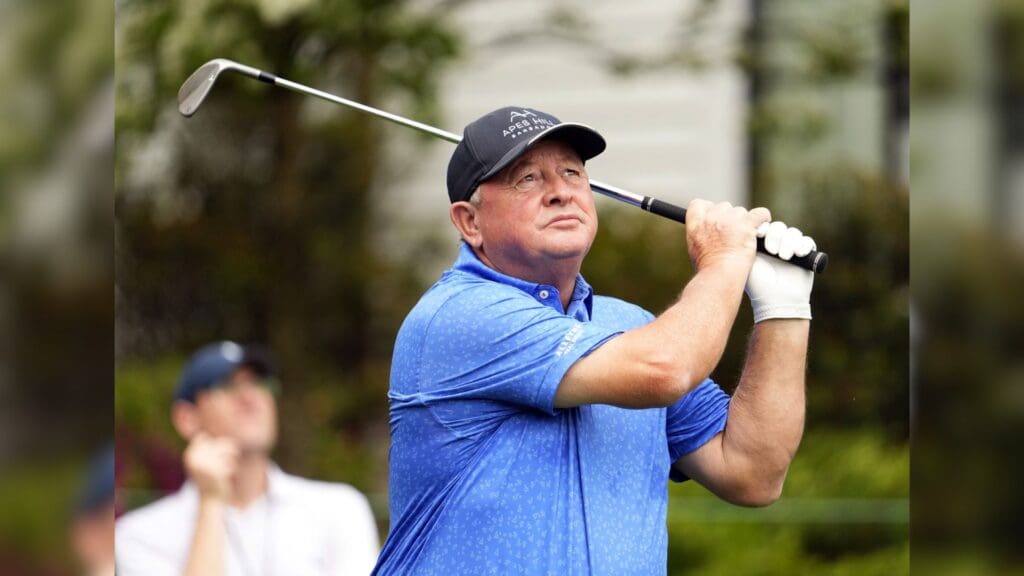 Apr 10, 2024; Augusta, Georgia, USA; Former Masters champion Ian Woosnam tees off on no. 1 during the Par 3 Contest at Augusta National Golf Club.