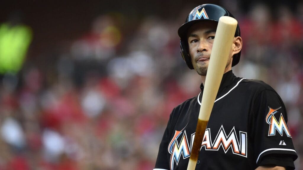 Aug 15, 2015; St. Louis, MO, USA; Miami Marlins left fielder Ichiro Suzuki (51) stands on deck against the St. Louis Cardinals at Busch Stadium