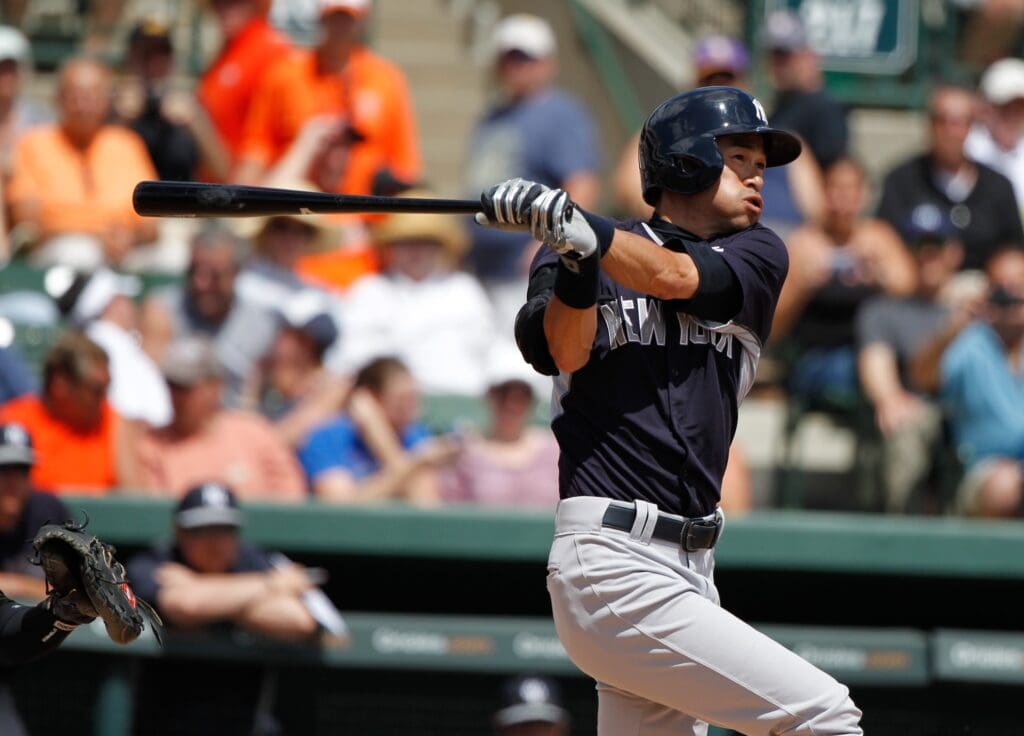 Mar 15, 2014; Sarasota, FL, USA; New York Yankees right fielder Ichiro Suzuki (31) at bat against the Baltimore Orioles at Ed Smith Stadium.