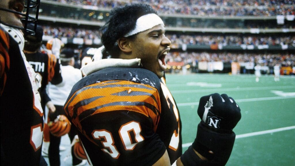 Jan 8, 1989; Cincinnati, OH, USA; Cincinnati Bengals running back Ickey Woods (30) on the sideline during the 1988 AFC Championship Game against the Buffalo Bills at Riverfront Stadium. The Bengals won 21-10. FILE PHOTO