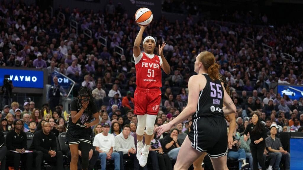 Jun 19, 2025; San Francisco, California, USA; Indiana Fever guard Sydney Colson (51) shoots against Golden State Valkyries forward Chloe Bibby (55) during the fourth quarter at Chase Center.