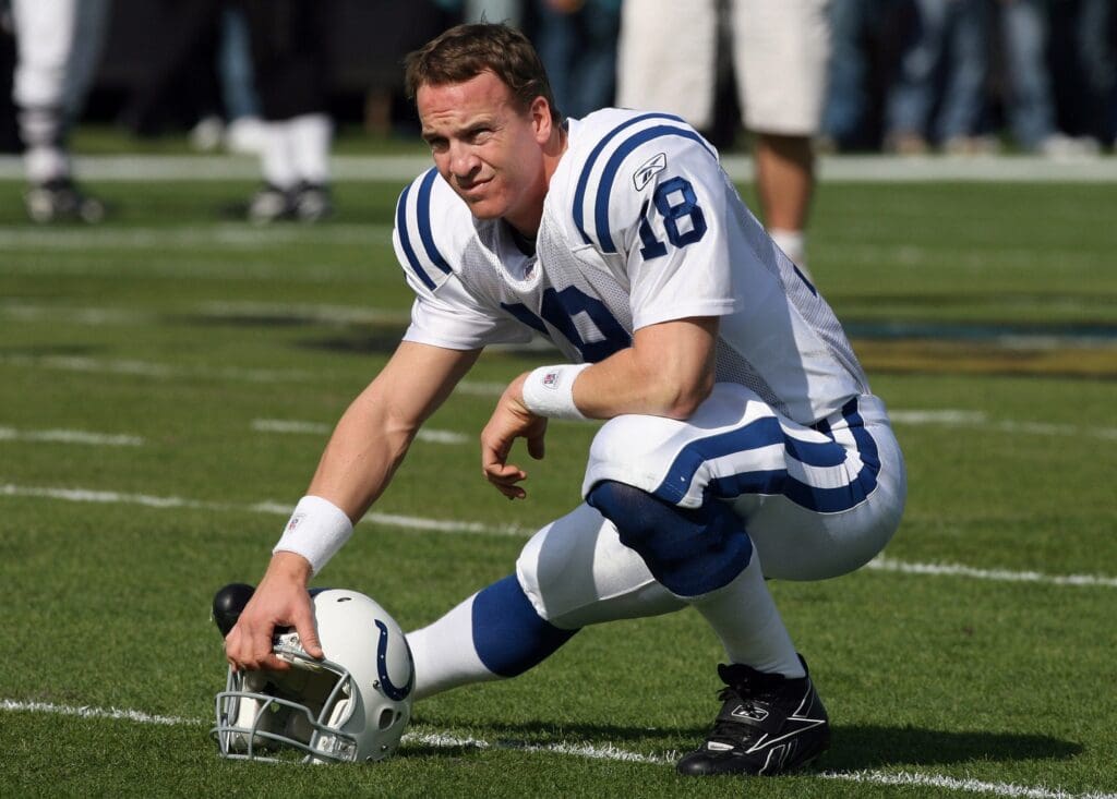 Dec 10, 2006; Jacksonville, FL, USA; Indianapolis Colts quarterback (18) Peyton Manning stretches out pre-game against the Jacksonville Jaguars at Alltel Stadium. The Jaguars beat the Colts 44-17.