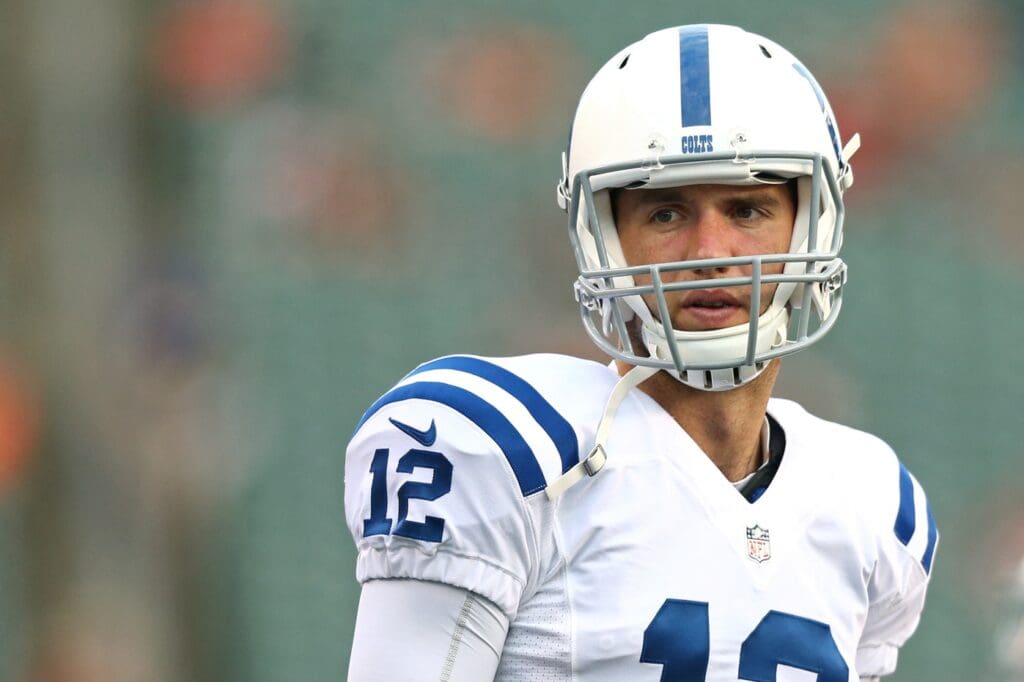 Sep 1, 2016; Cincinnati, OH, USA; Indianapolis Colts quarterback Andrew Luck (12) against the Cincinnati Bengals in a preseason NFL football game at Paul Brown Stadium. The Colts won 13-10.