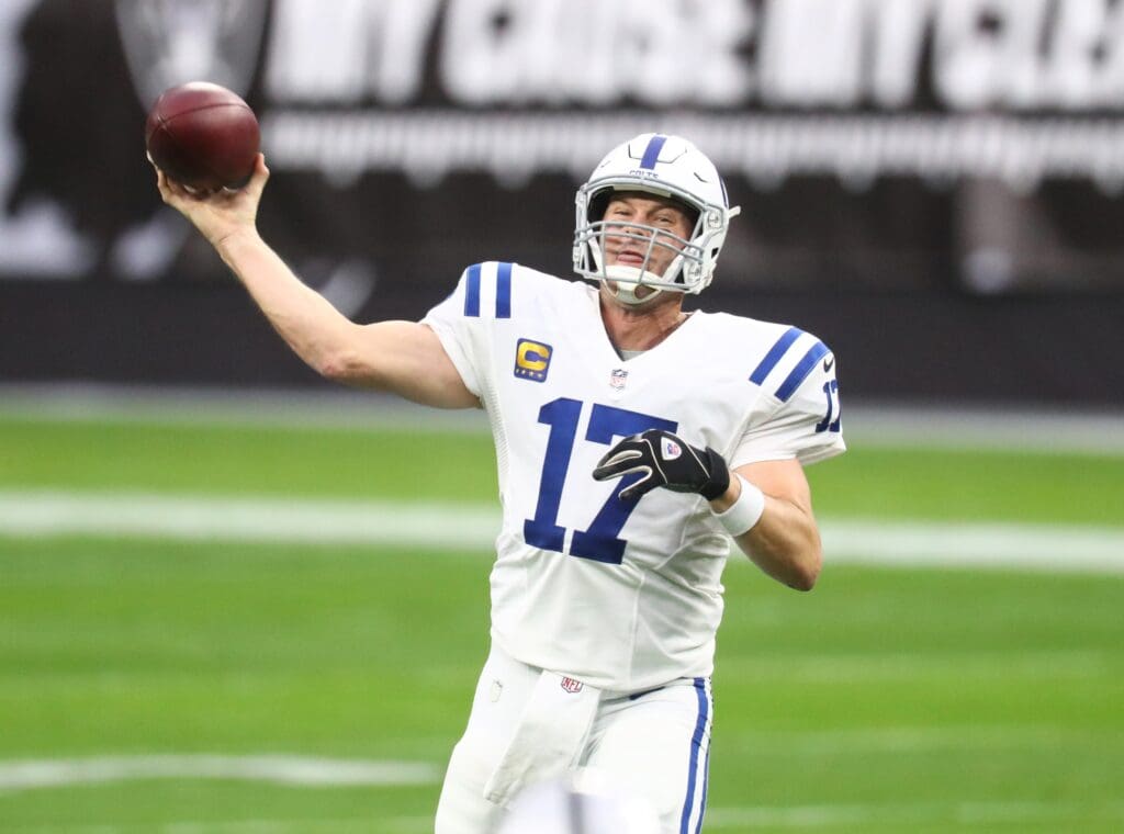 Dec 13, 2020; Paradise, Nevada, USA; Indianapolis Colts quarterback Philip Rivers (17) against the Las Vegas Raiders at Allegiant Stadium. 