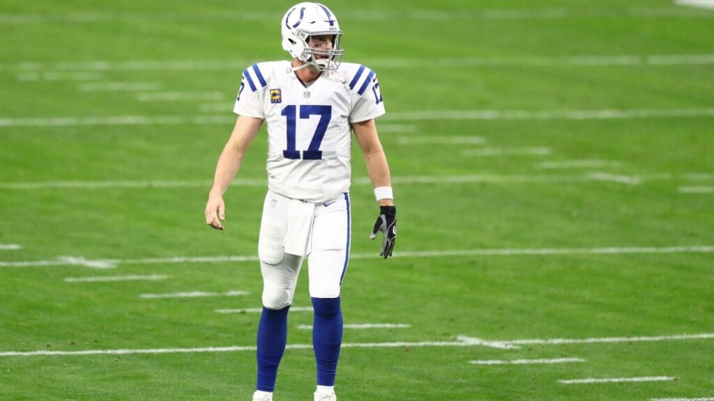 Dec 13, 2020; Paradise, Nevada, USA; Indianapolis Colts quarterback Philip Rivers (17) against the Las Vegas Raiders at Allegiant Stadium.