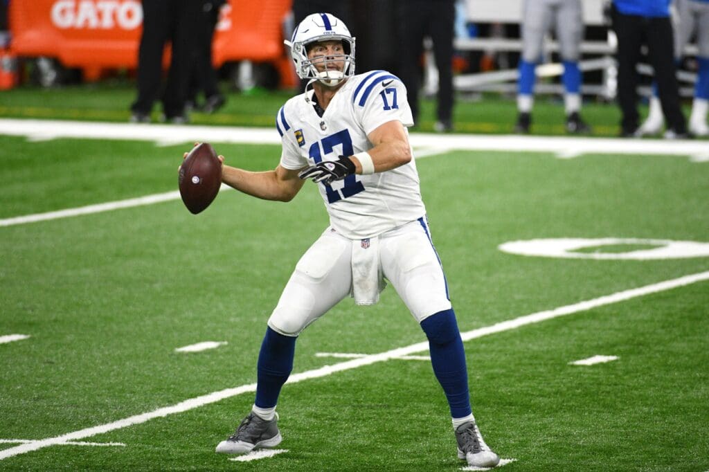 Nov 1, 2020; Detroit, Michigan, USA; Indianapolis Colts quarterback Philip Rivers (17) throws a touchdown pass to running back Nyheim Hines (not pictured) during the second quarter against the Detroit Lions at Ford Field.