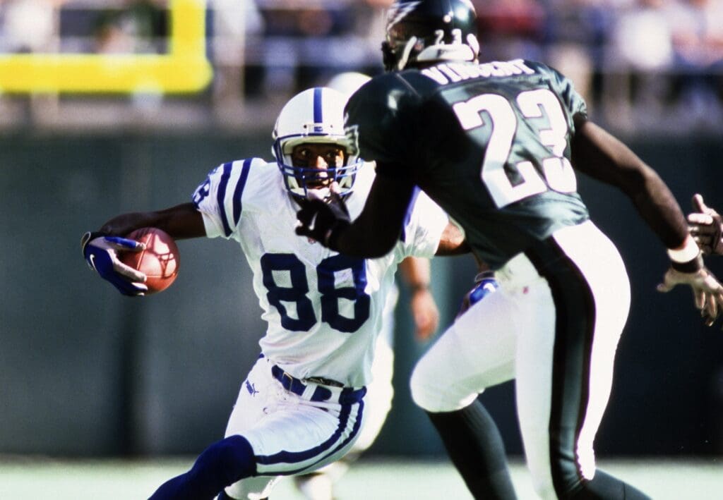 Nov 21, 1999; Philadelphia, PA, USA; FILE PHOTO; Indianapolis Colts receiver Marvin Harrison (88) in action against Philadelphia Eagles defensive back Troy Vincent (23) at Veterans Stadium.