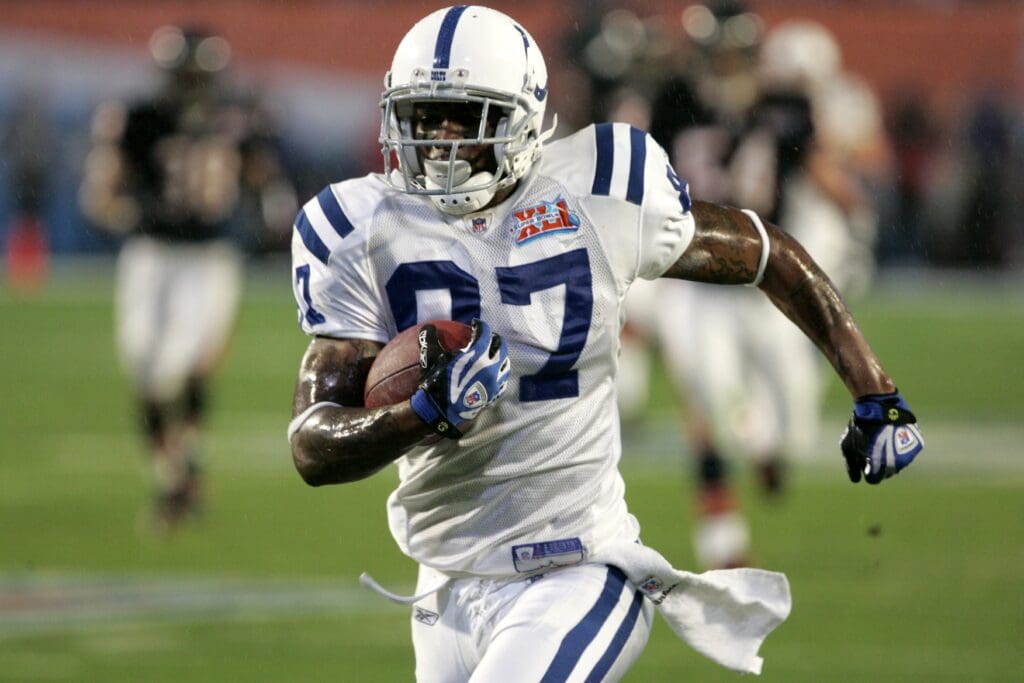 Feb 4, 2007; Miami, FL, USA; Indianapolis Colts wide receiver Reggie Wayne (87) runs in a touchdown in the first quarter of Super Bowl XLI against the Chicago Bears at Dolphins Stadium.