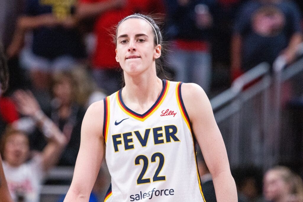 Jul 9, 2025; Indianapolis, Indiana, USA; Indiana Fever guard Caitlin Clark (22) in the first half against Golden State Valkyries at Gainbridge Fieldhouse.