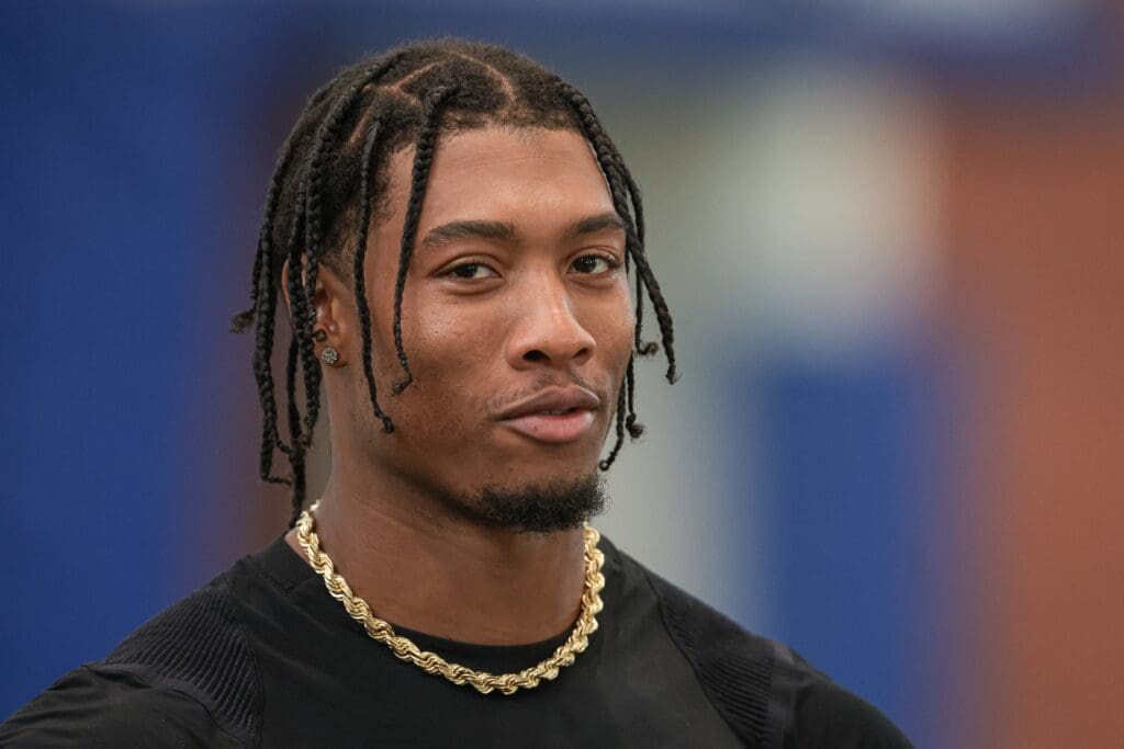 East Rutherford, NJ, USA;New York Giants safety Isaiah Simmons (19) talks with media during training camp at Quest Diagnostics Training Facility.