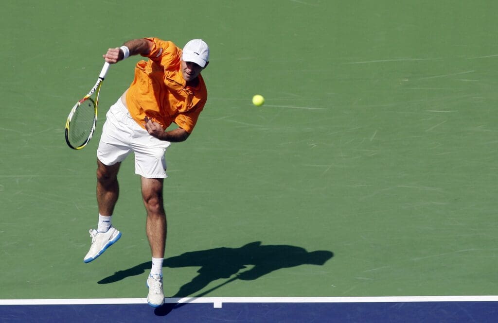 Mar 19, 2009; Indian Wells, CA, USA; Ivan Ljubicic (CRO) serves against Andy Murray (GBR) during the quarterfinals of the BNP Paribas Open at the Indian Wells Tennis Garden.