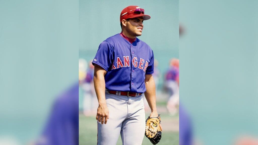 1998, Boston, MA, USA; FILE PHOTO; Texas Rangers catcher Ivan Rodriguez on the field prior to a game against the Boston Red Sox at Fenway Park.