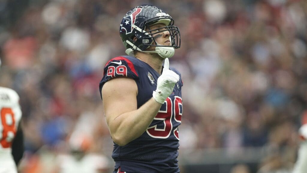 Dec 2, 2018; Houston, TX, USA; Houston Texans defensive end J.J. Watt (99) reacts after a play during the second quarter against the Cleveland Browns at NRG Stadium