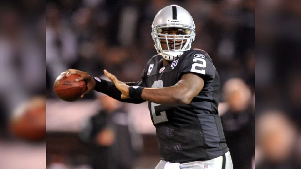 Sep 8, 2008; Oakland, CA, USA; Oakland Raiders quarterback JaMarcus Russell (2) throws a pass during 41-14 loss to the Denver Broncos at McAfee Coliseum.