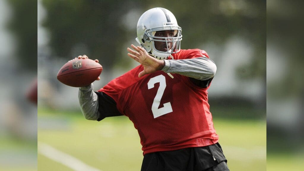 Jun 3, 2009; Alameda, CA, USA; Oakland Raiders quarterback JaMarcus Russell (2) throws a pass at organized team activities at the Raiders' practice facility.