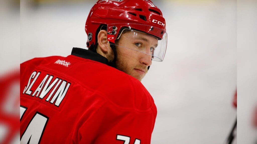 Sep 30, 2015; Raleigh, NC, USA; Carolina Hurricanes defensemen Jaccob Slavin (74) looks on before the game against the Washington Capitals at PNC Arena. The Carolina Hurricanes defeated the Washington Capitals 4-3 in a shoot out.