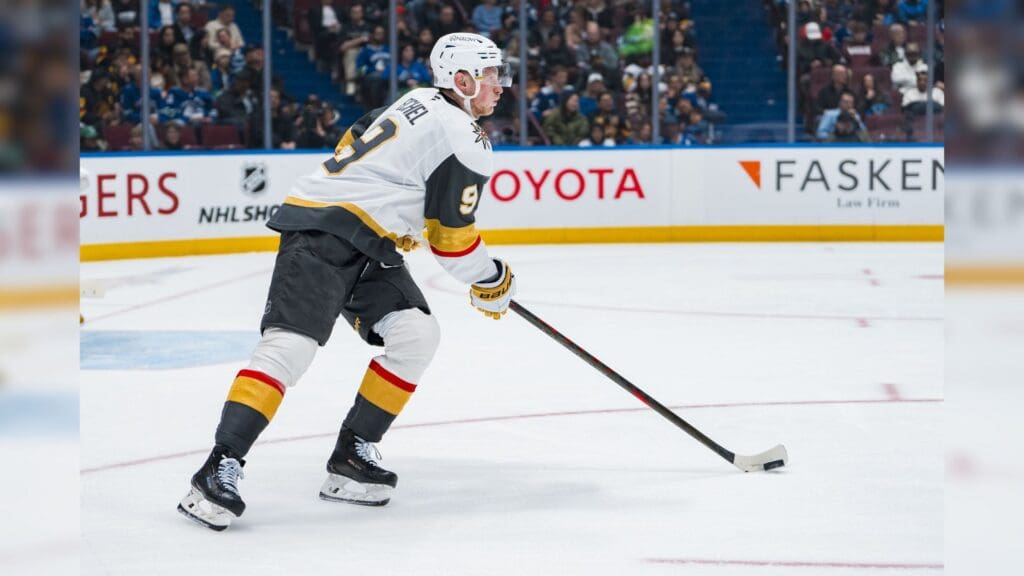 Apr 6, 2025; Vancouver, British Columbia, CAN; Vegas Golden Knights forward Jack Eichel (9) handles the puck against the Vancouver Canucks in the second period at Rogers Arena.