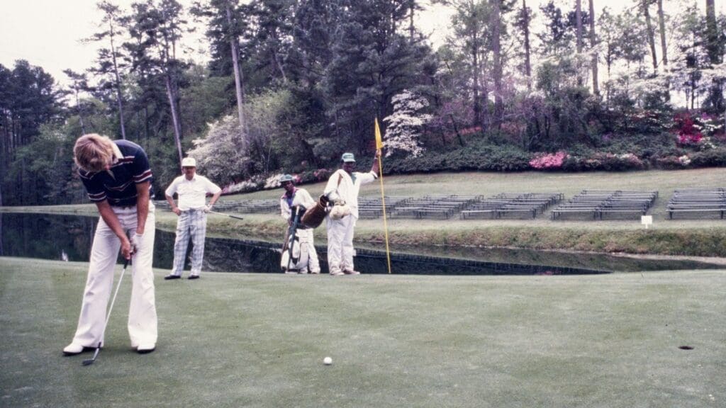 04/01/1977; Augusta, Georgia, USA; Jack Nicklaus watches his son putt at the Augusta National Golf Course during the 1977 Masters.