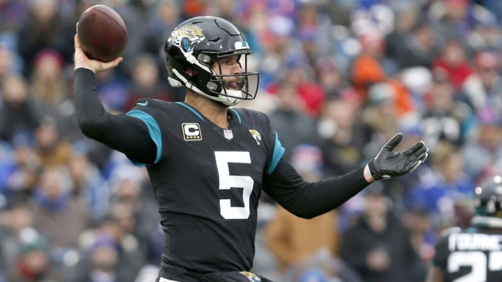 Nov 25, 2018; Orchard Park, NY, USA; Jacksonville Jaguars quarterback Blake Bortles (5) throws a pass during the first half against the Buffalo Bills at New Era Field.
