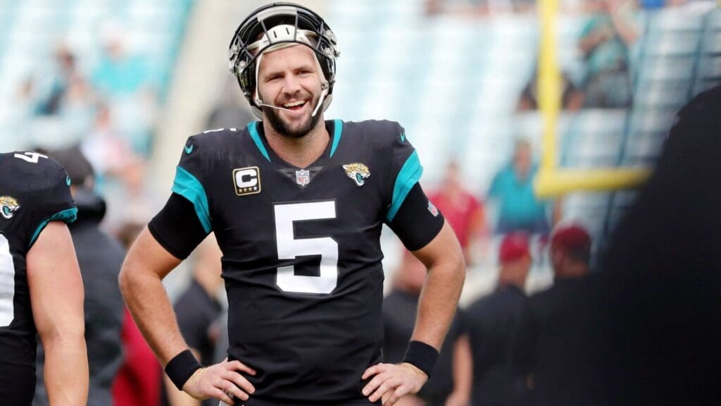 Dec 16, 2018; Jacksonville, FL, USA;Jacksonville Jaguars quarterback Blake Bortles (5) works out prior to the game against the Washington Redskins at TIAA Bank Field.