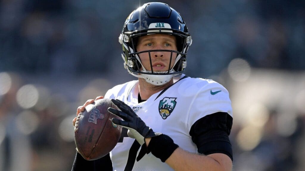 Dec 15, 2019; Oakland, CA, USA; Jacksonville Jaguars quarterback Nick Foles (7) warms up before a game against the Oakland Raiders in the Raiders final game at the Oakland-Alameda Coliseum before relocating to Las Vegas for the 2020 season.