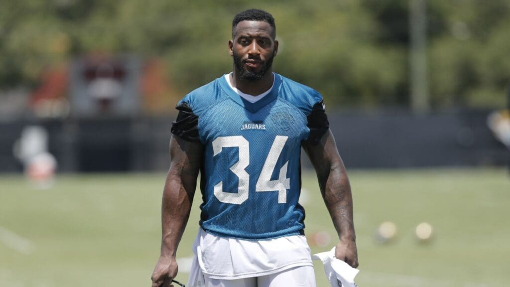 Jul 29, 2016; Jacksonville, FL, USA; Jacksonville Jaguars running back Jonas Gray (34) walks toward fans to sign autographs during training camp at Practice Fields at EverBank Field.