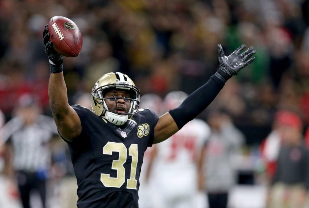 Dec 24, 2016; New Orleans, LA, USA; New Orleans Saints free safety Jairus Byrd (31) celebrates his interception in the fourth quarter against the Tampa Bay Buccaneers at the Mercedes-Benz Superdome